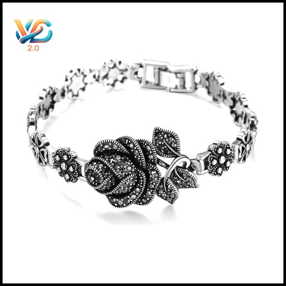 Jewelry - Vintage Silver Link Bracelet Marcasite Rose Flower Design Elegant Cuff‎
